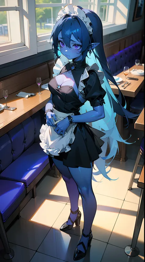 1girl,small,solo,((blue skin,colored skin)),shy face,(white and black maid outfit),medium tits,pointy ears,dark blue hair,long hair,purple eyes,(((standing in a restaurant,sunlight))),