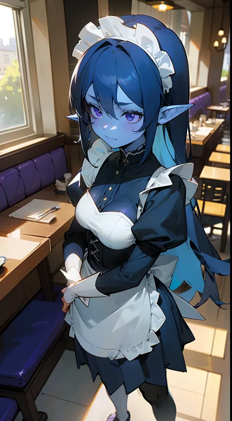 1girl,small,solo,(blue skin),shy face,(white and black maid outfit),medium tits,pointy ears,dark blue hair,long hair,purple eyes,(((standing in a restaurant,sunlight))),