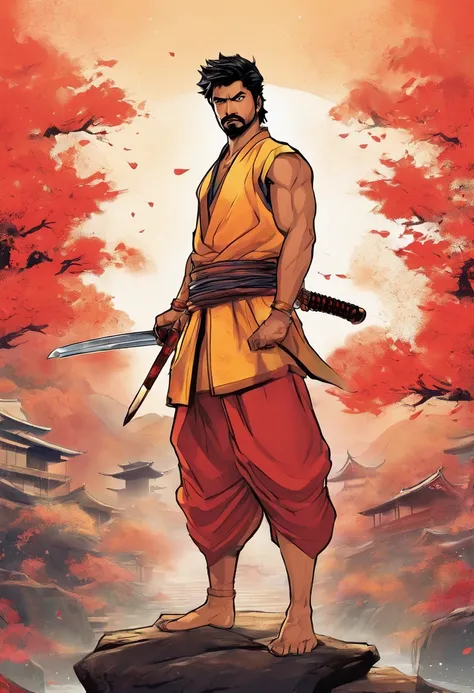 Actor Thalapathy Vijay as a samurai holding a katana in hand having beard and standing near a blasting and rainy Japanese background looking fiercely and rage in the eyes