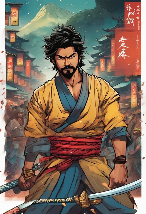 Actor Thalapathy Vijay as a samurai holding a katana in hand having beard and standing near a blasting and rainy Japanese background looking fiercely and rage in the eyes