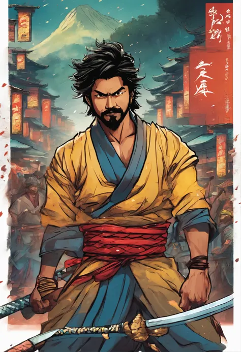 Actor Thalapathy Vijay as a samurai holding a katana in hand having beard and standing near a blasting and rainy Japanese background looking fiercely and rage in the eyes