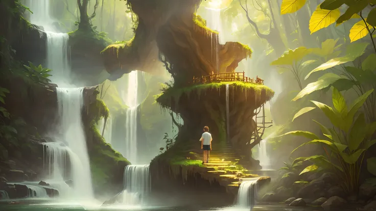 Masterpiece, best quality, Remove the boy completely, very detailed landscape with waterfalls, jungle