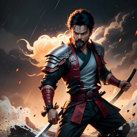 Actor Thalapathy Vijay as a samurai holding a katana in hand having beard and standing near a blasting and rainy Japanese background looking fiercely and rage in the eyes comic style art