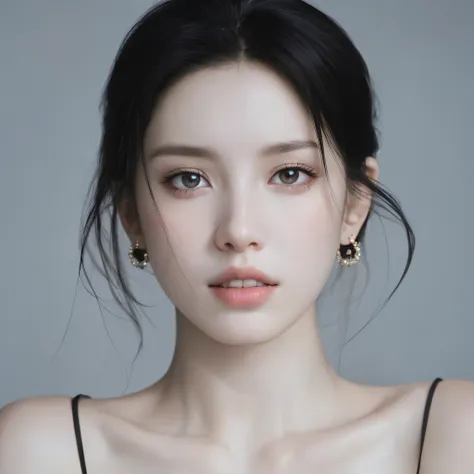 puregirl, puregirl1, 1girl, solo, black hair, long hair, realistic, looking at viewer, portrait, bare shoulders, earrings, upper...