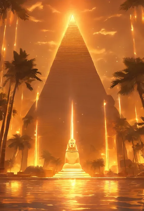 “A futuristic background of a golden glass pyramid with laser beams leads to a hyper-realistic Egyptian ancient city. The background hyper resolution is 4k and has an aspect ratio of 16:9. golden pyramid, masterpiece, anatomically correct, super details, h...