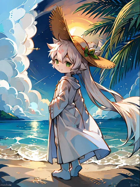 A white deer，Green eyes，long white robe，sandbeach，the ocean，the setting sun，flowing robe，eventide，Straw Hat Hat，Shota，adolable，facing away from the audience，having fun，Expectant eyes