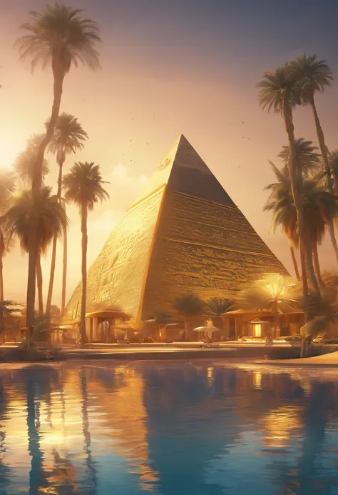 “A futuristic background of a golden glass pyramid with laser beams leads to a hyper-realistic Egyptian ancient city. The background hyper resolution is 4k and has an aspect ratio of 16:9. golden pyramid, masterpiece, anatomically correct, super details, h...