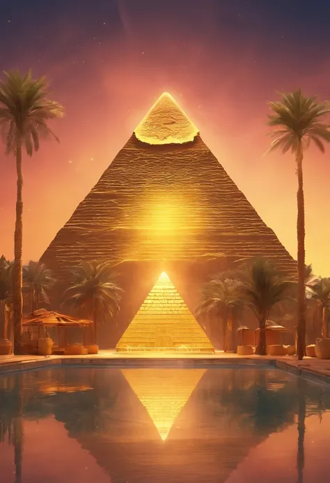 “A futuristic background of a golden glass pyramid with laser beams leads to a hyper-realistic Egyptian ancient city. The background hyper resolution is 4k and has an aspect ratio of 16:9. golden pyramid, masterpiece, anatomically correct, super details, h...