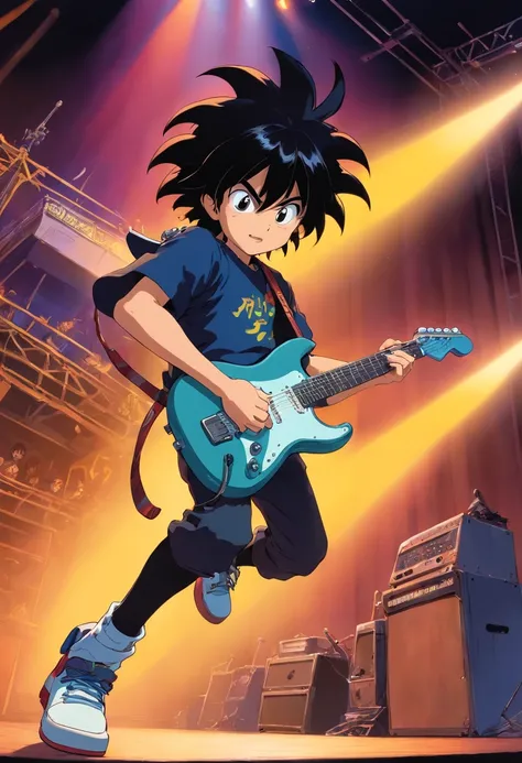 Still from a 1985 Japanese manga about a boy is jumping and play a electric guitar on stage with a mad face black long hair and with punk costume