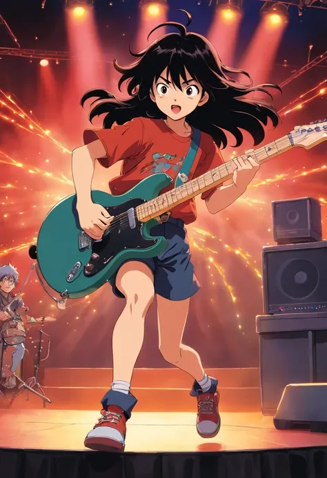 Still from a 1985 Japanese manga about a boy is jumping and play a electric guitar on stage with a mad face black long hair and with punk costume