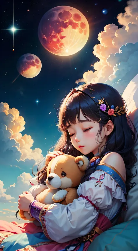 colorful、on clouds、kosmos、Big Moon、realistic、The girl is sleeping、Only one stuffed animal、超A high resolution