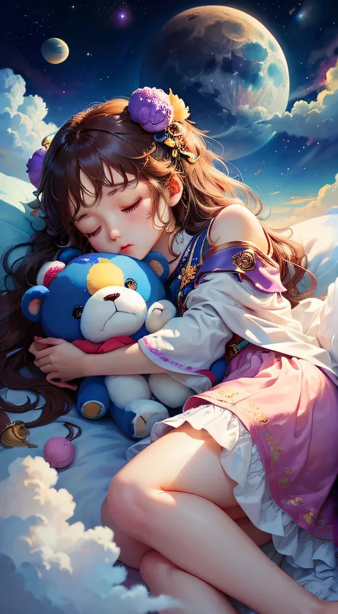 colorful、on clouds、kosmos、Big Moon、realistic、The girl is sleeping、Only one stuffed animal、超A high resolution