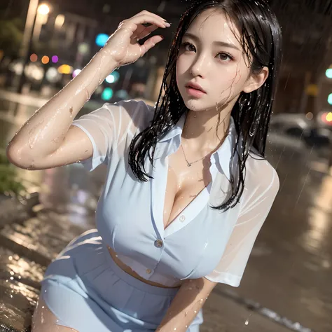 ((32K, top-quality:1.5, ​masterpiece, 超A high resolution, Photorealsitic)), low angles, 1girl in, 22year old, street corner, Summer evening, (((Typhoon Goto))), Highly detailed facial and skin texture:1.2, ((look up sky, Slender beauty getting wet in the r...