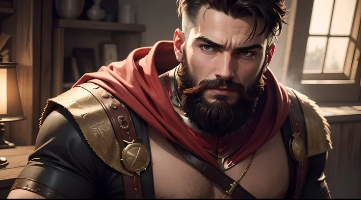 Close-up of a man with a beard and a red cape, Maxime Jacobs, par Roman Bezpalkiv, Red and cinematic lighting, par Pogus Caesar, inspired by Roman Bezpalkiv, Film fixe 8 k, Brutus, gladiateur, 300 Le film, Portrait de Homelander, wojtek fus, par Zack Snyde...