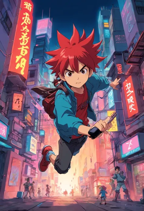 Still from a 1985 Japanese manga about a boy is jumping and play a electric guitar in cyberpunk city with a mad face red spike hair and with rock spike costume