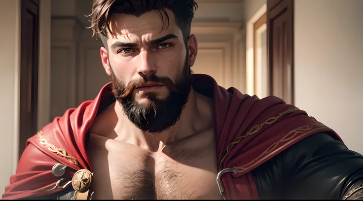 Close-up of a man with a beard and a red cape, Maxime Jacobs, par Roman Bezpalkiv, Red and cinematic lighting, par Pogus Caesar, inspired by Roman Bezpalkiv, Film fixe 8 k, Brutus, gladiateur, 300 Le film, Portrait de Homelander, wojtek fus, par Zack Snyde...