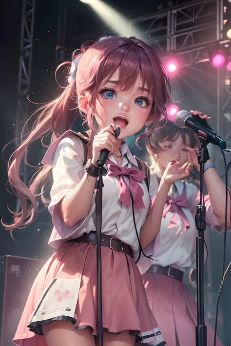 schoolgirls,Bundled ponytail, Pink dress,,singing on stage, Stage lighting, Glare.