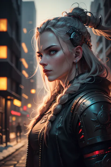 portrait of a viking in cyberpunk style, bokeh, cyberpunk city in the background, digital art