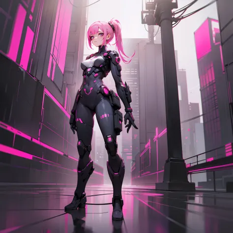 1 woman, high quality, full body, pink hair, simple background, standing pose, cyberpunk