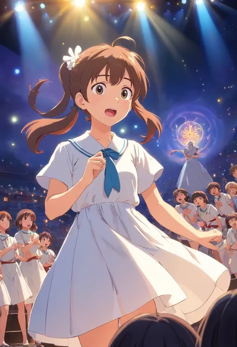 schoolgirls,Bundled ponytail,White dress,,singing on stage, Stage lighting, Glare.