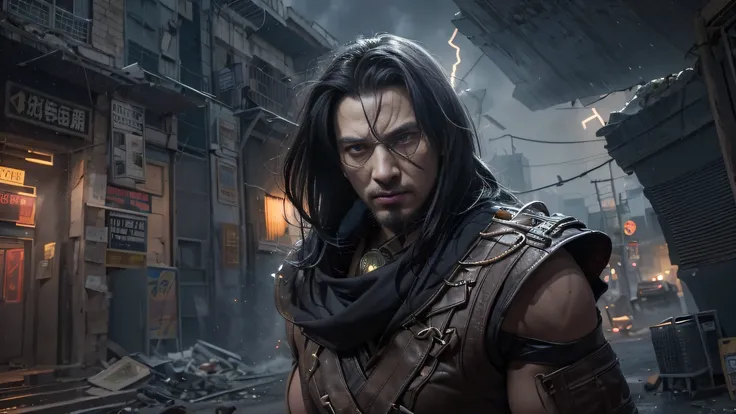 The wounded paved the streets（Doomsday ruins）Climb the street（Doomsday ruins）eyes filled with angry，He clenched his fists，Rush up，Deliver a fatal blow to your opponent，full bodyesbian，Full Body Male Mage 32K（tmasterpiece，hyper HD）Long flowing black hair，Ca...