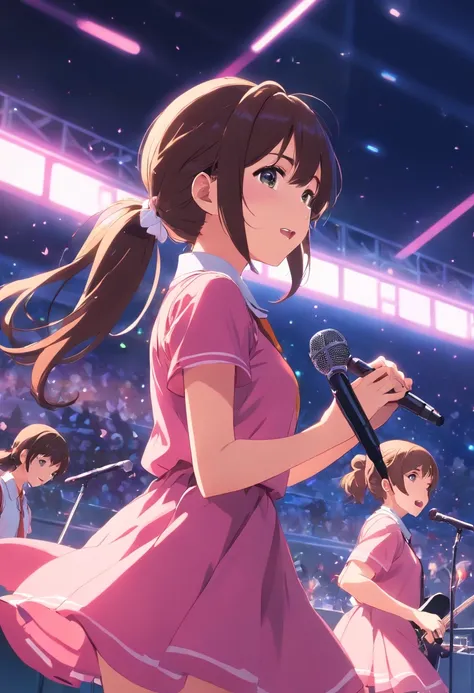 schoolgirls,Bundled ponytail,Pink dress,,singing on stage, Stage lighting, Glare.