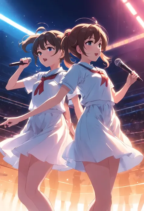 schoolgirls,Bundled ponytail,White dress,,singing on stage, Stage lighting, Glare.