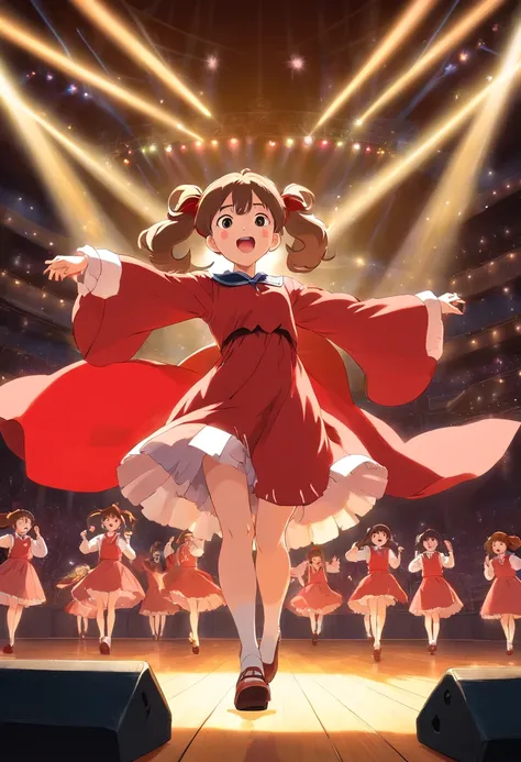 schoolgirls,Bundled ponytail,Red dress,,singing on stage, Stage lighting, Glare.