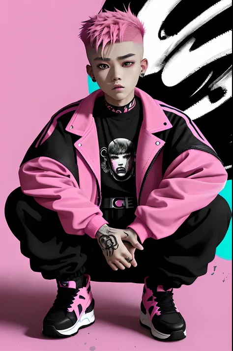 Kpop teen age boy with fade cut pink hair, cute face, irresistible,sit pose, poser, serious face, full half body show, tattoos, wears cool black mixed pink open jacket with long big sized shirt, long black pants with belt, paint background,