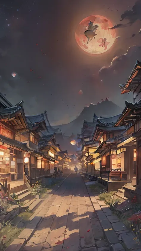 A painting of  a lot of flowers blooming on the ground, an ancient asian city night with a lot of buildings, a red full moon in the sky, (do not appear figures)