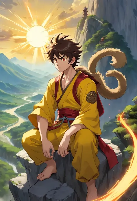 sun wukong in an appearance of a 19 year old young man, villainous, with an evil look, is sitting on top of a mountain, golden aura around him, with monkey tail, red eyes, black hair, very hairy, with monkey ears , wearing black gold armor, Japanese manga ...