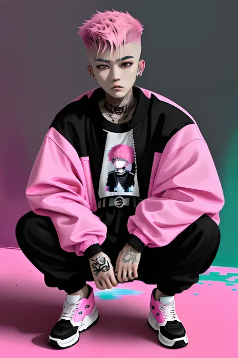 Kpop teen age boy with fade cut pink hair, cute face, irresistible,sit pose, poser, serious face, full half body show, tattoos, wears cool black mixed pink open jacket with long big sized shirt, long black pants with belt, paint background,