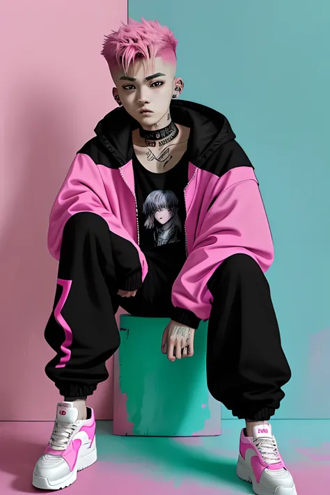 Kpop teen age boy with fade cut pink hair, cute face, irresistible,sit pose, poser, serious face, full half body show, tattoos, wears cool black mixed pink open jacket with long big sized shirt, long black pants with belt, paint background,