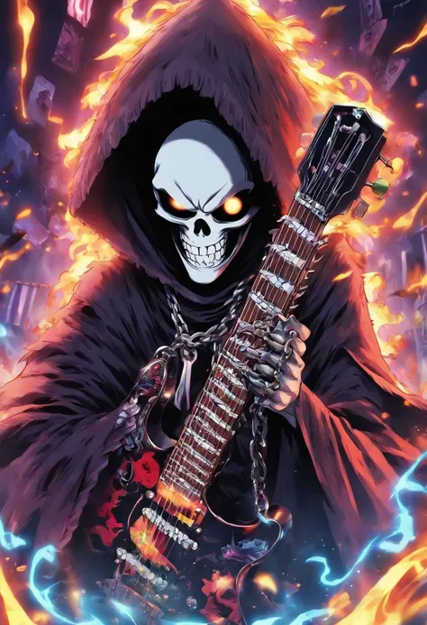 Japanese manga onepiece about a grim reaper mascot is fly and play a electric guitar with angry face and the spike chain around the neck with camera angle