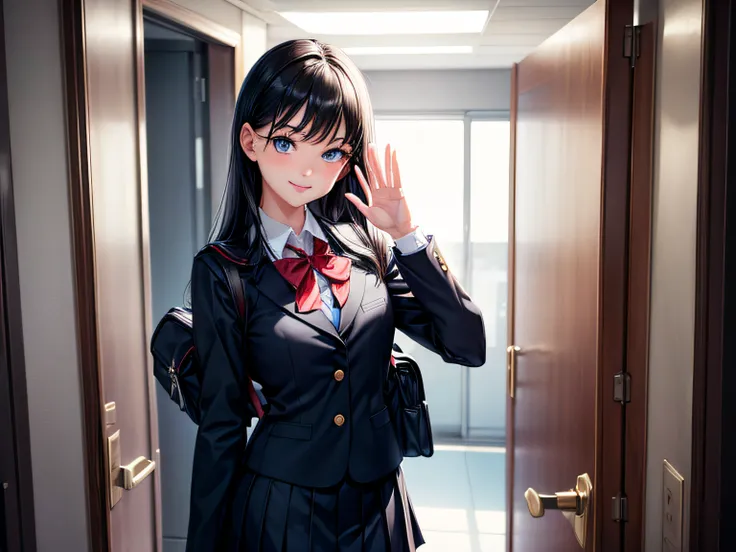 1girl, standing up, black hair ,blue eyes, smiling, extremely detailed face, very beautiful face, ultrasharp, in a slutty school uniform, school bag, waving goodbye, in front of a door, ultra-detailed, realistic, high resolution, 8k, masterpiece, full body...