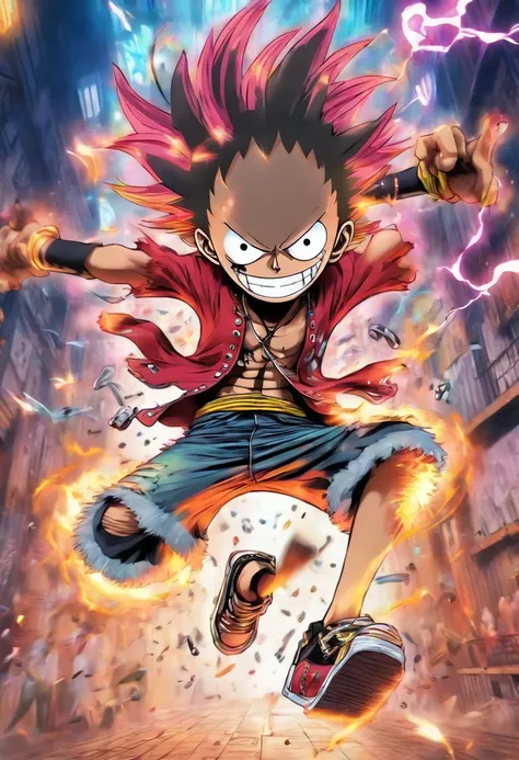 Japanese manga onepiece about a boy mascot fullbody is jumping and play a electric guitar with angry face and the spike chain around the neck with camera angle