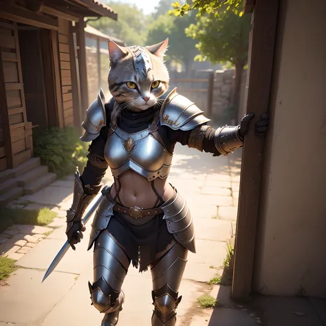 Cute cat warrior in realistic 4K armor, full entire body,Super Detailed, Vray Display, Unrealistic engine, Midjourney Art Style.