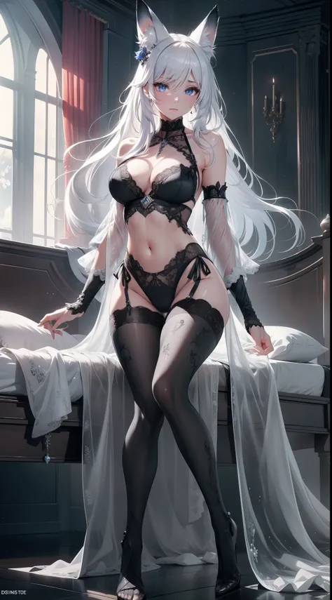 in a castle, full bodyesbian, masterpiece, Best quality at best, official art, Very detailed CG 8k wallpaper, (flying petal)(Detailed ice), Crystal texture of the skin, Grim expression, (fox ear), white hair, long white hair, messy  hair, eBlue eyes, Mediu...