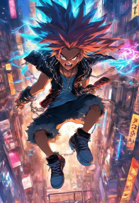 Japanese manga  about a boy fullbody is jumping and play a electric guitar with angry face and the spike chain around the neck with long hair in the city