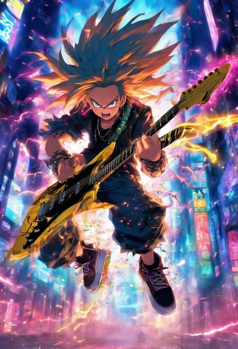 Japanese manga  about a boy fullbody is jumping and play a electric guitar with angry face and the spike chain around the neck with long hair in the city