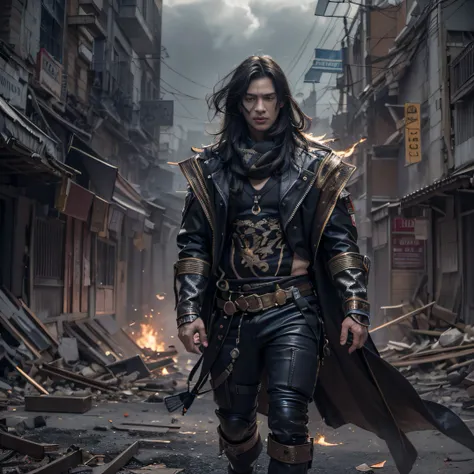 The wounded paved the streets（Doomsday ruins）Climb the street（Doomsday ruins）eyes filled with angry，He clenched his fists，Rush up，Deliver a fatal blow to your opponent，full bodyesbian，Full Body Male Mage 32K（tmasterpiece，hyper HD）Long flowing black hair，Ca...