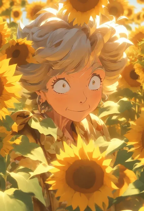 Old grandmother, Many sunflowers, cheerfulness, Perfect quality, Clear focus (Clutter-Home: 0.8), (masutepiece: 1.2) (Realistic: 1.2) (Bokeh) (Best Quality) (Detailed skin: 1.3) (Intricate details) (8K) (Detail Eyes) (Sharp Focus), (cheerfulness)