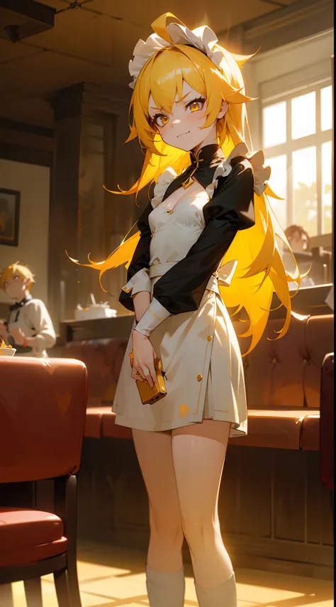 1girl,solo,small,angry face,smile,white and black maid outfit,little cleavage,small tits,yellow pink hair,long hair,yellow eyes,(burning body,burning hair),(((standing in a restaurant,sunlight))),cowboy shot