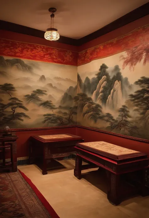 Background wall in ancient study style，On the wall is a landscape painting in the style of Chinese painting, Chinese style, with ancient chinese aesthetic, Artistic interpretation, There are draperies，Military tents