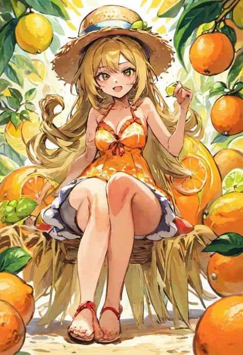 adult girl, girl, tall, big, legs, sitting, long hair, straw hat, sundress, big feet, barefoot, sandals, anime, citrus, limes, oranges, lemons, grapefruits