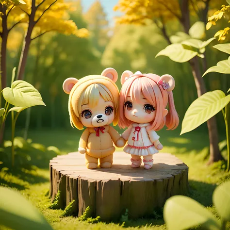 (Chibi Teddy Bear:1.3)、(Chibi Pork Plush:1.2)Fairytale autumn forest、The two hold hands、You and I are friends