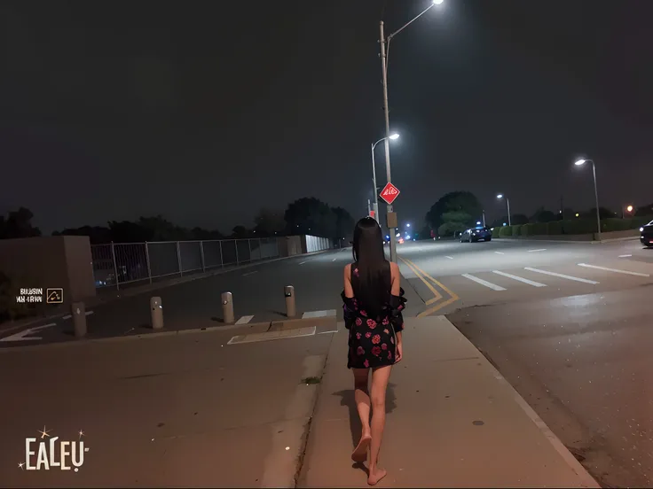 long leges,naked leg,Arati walks the street with a street lamp at night, walking away from the camera, calm evening. over the shoulder shot, far away from camera, long distance photo, harsh flash photo at night, taken with canon eos 5 d mark iv, nighttime ...