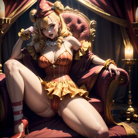 Crazy Clown Queen, sitting on a golden throne, Wear a clown hat, Wear clown costumes, mitts, vivd colour, Laughing, Deep blonde hair, Cute breasts, Horror , (did not wear panties)，Wavy hair, Bun, and high heels. (bloods), Circus props, spooky ambiance, hau...