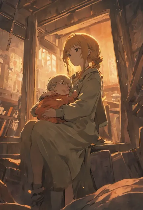 Sad poor anime girl holding a male baby in apocalipse at home