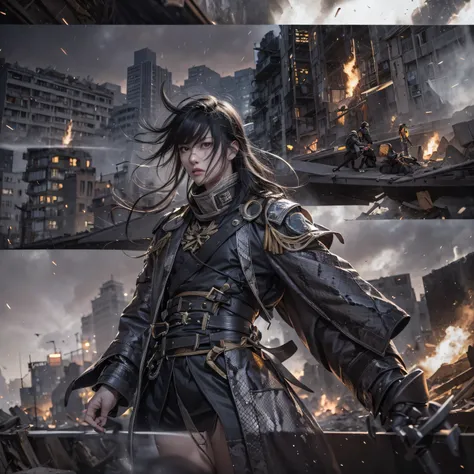 The wounded line the streets（Doomsday ruins）Climb the streets（Doomsday ruins）eyes filled with angry，He clenched his fists，Rush up，Deliver a fatal blow to your opponent，full bodyesbian，Full Body Male Mage 32K（tmasterpiece，hyper HD）Long flowing black hair，Ca...